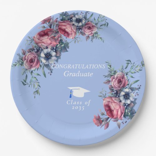 Congratulations Pink Roses Blue Anemone Flowers Paper Plates