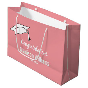 Congratulations Pink White Grad's Name Graduation  Large Gift Bag