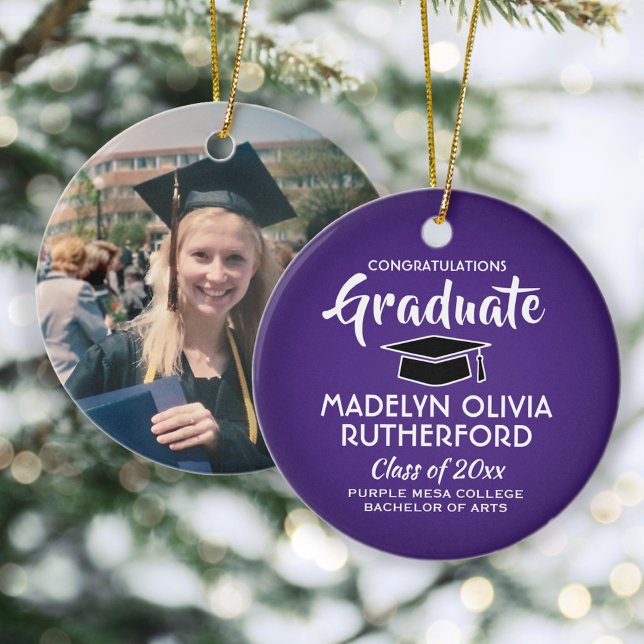 Congratulations Purple and White Graduation Photo Ceramic Ornament (Creator Uploaded)