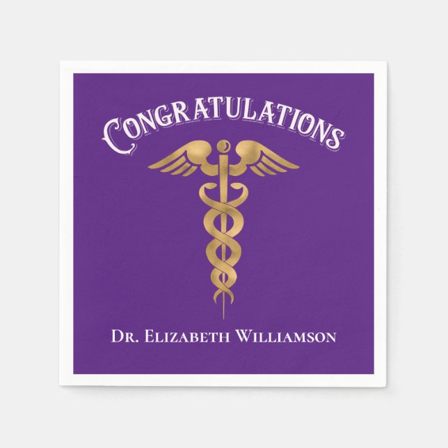 Congratulations Purple Doctor Physician Caduceus Napkins (Front)