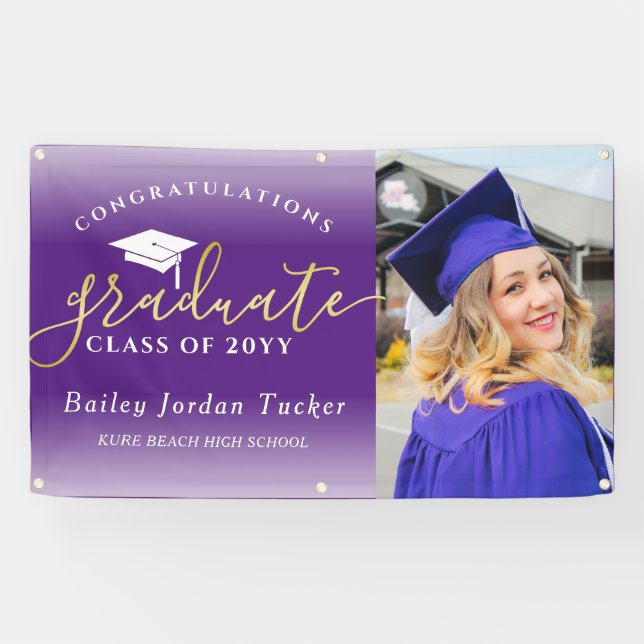 Congratulations Purple Gold Photo Graduation Banner (Horizontal)