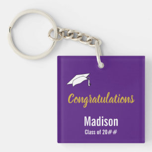 Congratulations Purple White and Gold Grad's Name Keychain
