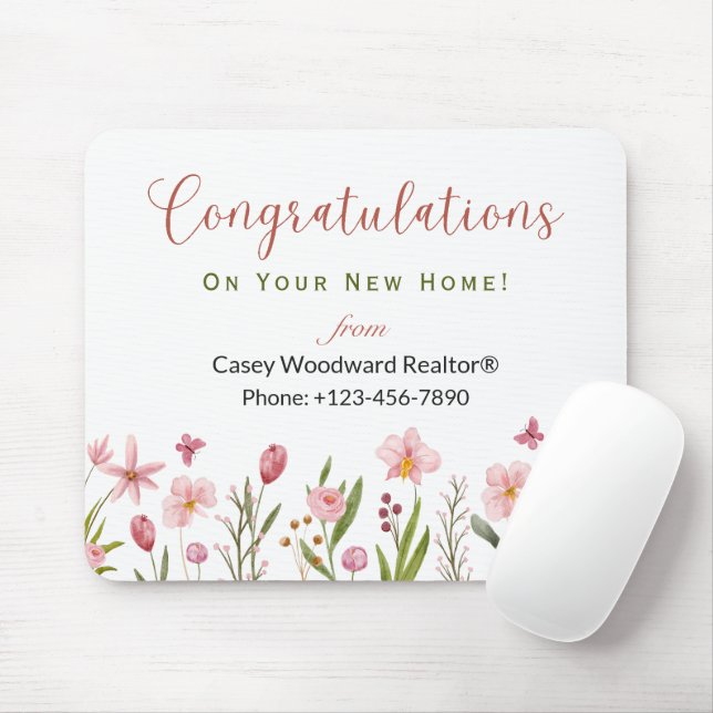 Congratulations Realtor Personalized Pink Flowers Mouse Pad (With Mouse)