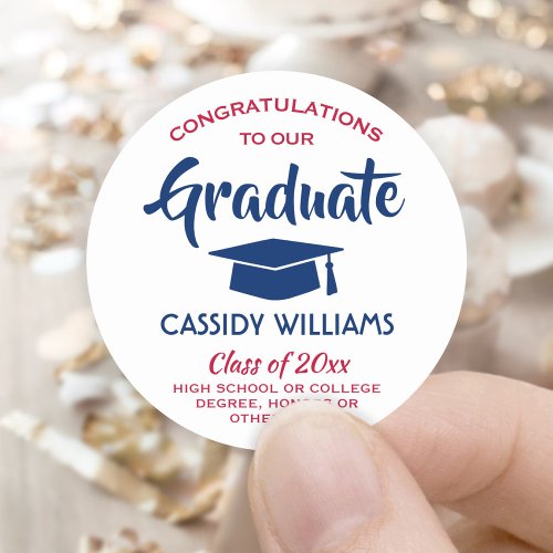 Congratulations Red White  Blue Modern Graduation Classic Round Sticker