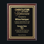 Congratulations Retirement Black & Gold Modern Award Plaque<br><div class="desc">"Congratulations on Your Retirement" is a thoughtful and meaningful gift to celebrate a milestone achievement. The gold and black design adds a touch of elegance and sophistication, making it a perfect choice for a custom award plaque. The plaque can be personalized with the retiree's name, title, and years of service,...</div>