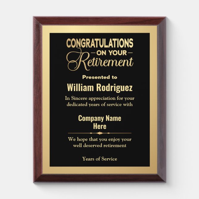 Congratulations Retirement Black & Gold Modern Award Plaque (Vertical)