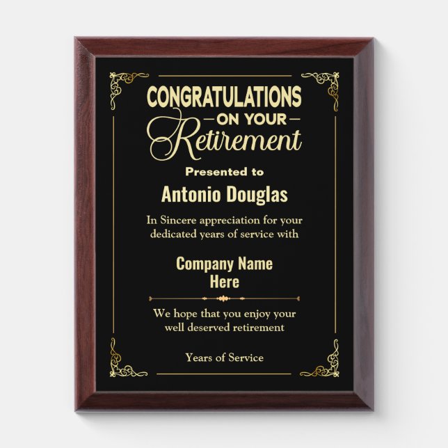 Congratulations Retirement Black Simple & Modern Award Plaque (Vertical)