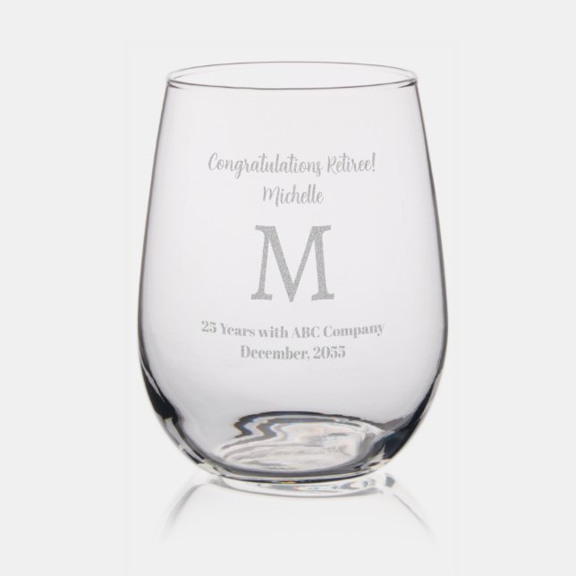 Congratulations Retirement Monogram Name Etched Stemless Wine Glass (Glassware)