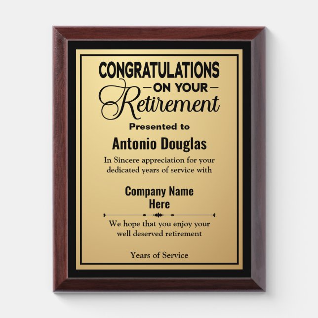 Congratulations Retirement Simple Gold & Black Award Plaque (Vertical)