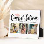 Congratulations Rose Gold 3 Photo 2025 Graduation Plaque<br><div class="desc">Stylish 3 photo graduation plaque display sign with easel features "Congratulations" in trendy black calligraphy script with rose gold / blush pink colored grad cap and modern custom text for the graduate's name and class year. Add three favorite photos of the graduate to the square placeholder images. Clean white background...</div>