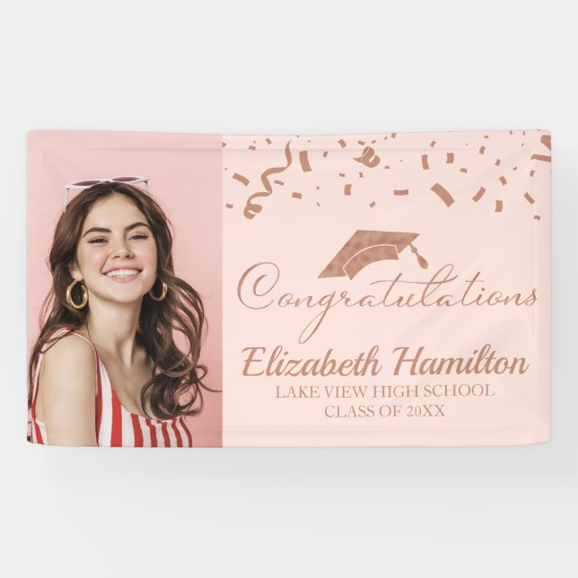 Congratulations Rose Gold Pink Photo Graduation Banner (Horizontal)