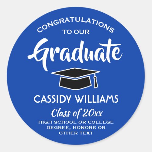 Congratulations Royal Blue  White Graduation Classic Round Sticker