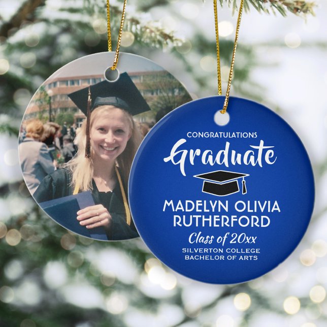 Congratulations Royal Blue White Graduation Photo Ceramic Ornament (Creator Uploaded)