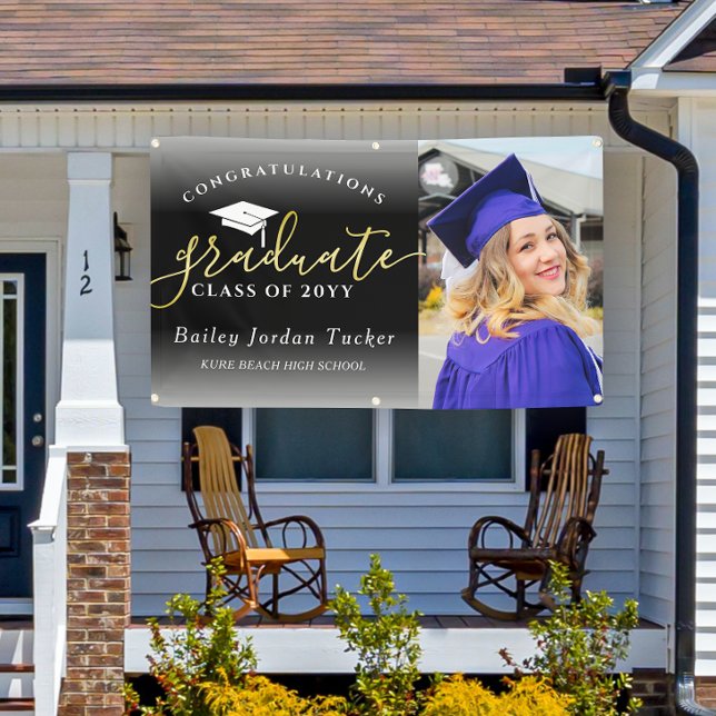 Congratulations Script Black Gold Photo Graduation Banner (Creator Uploaded)