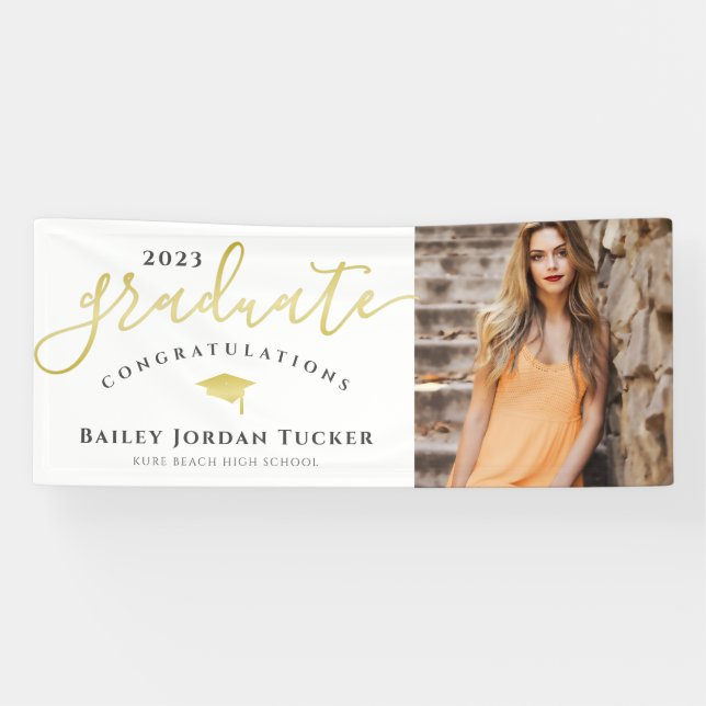 Congratulations Script Black Gold Photo Graduation Banner (Horizontal)