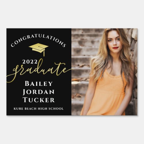 Congratulations Script Black Gold Photo Graduation Sign