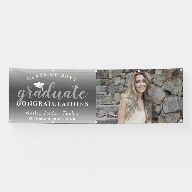 Congratulations Script Gray Ombre Photo Graduation Banner (Horizontal)