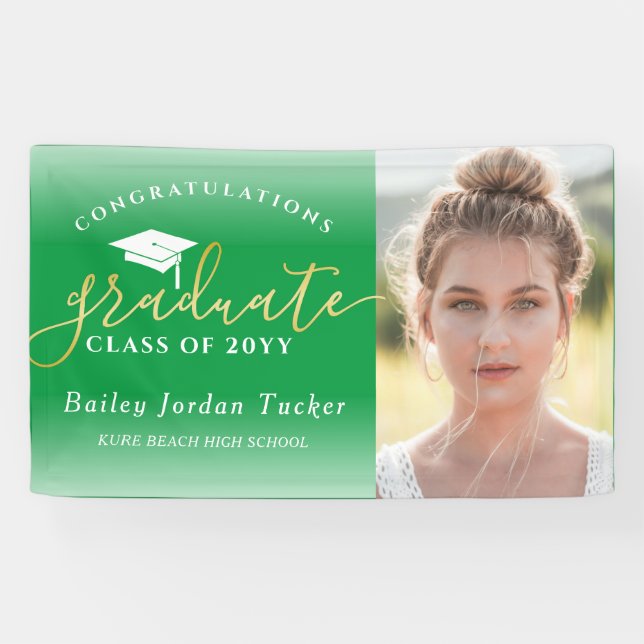 Congratulations Script Green Gold Photo Graduation Banner (Horizontal)