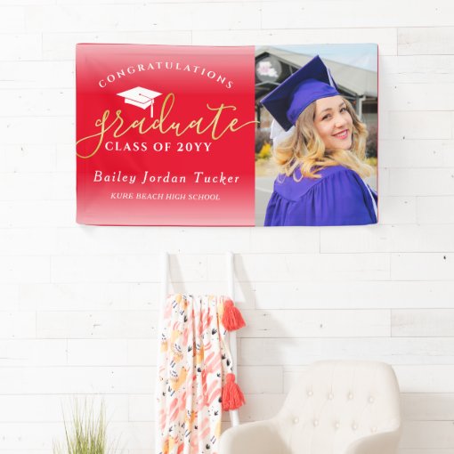 Congratulations Script Red Gold Photo Graduation Banner | Zazzle