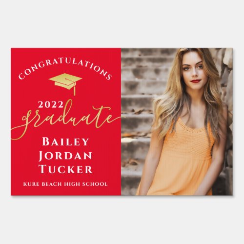 Congratulations Script Red Gold Photo Graduation Sign