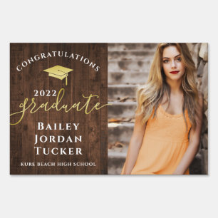 Congratulations Script Wood Gold Photo Graduation Sign