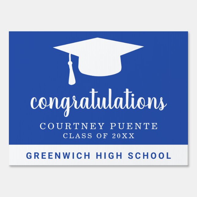 Congratulations Simple Blue White Graduation Cap Sign (Front)
