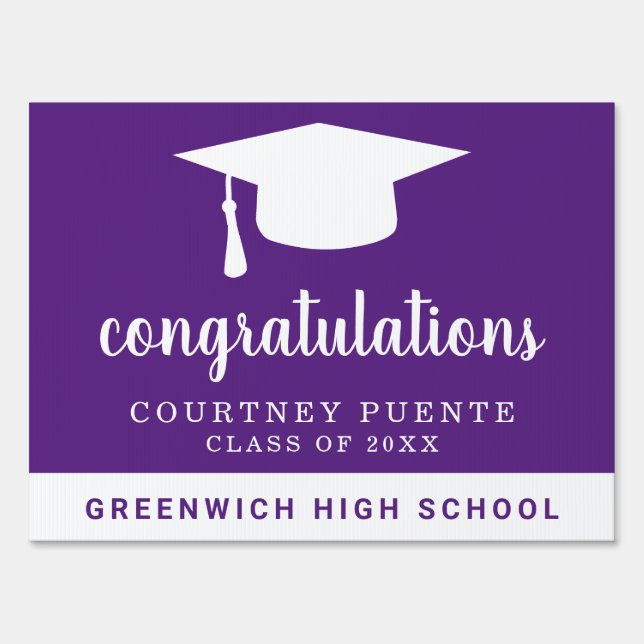Congratulations Simple Purple White Graduation Cap Sign (Front)
