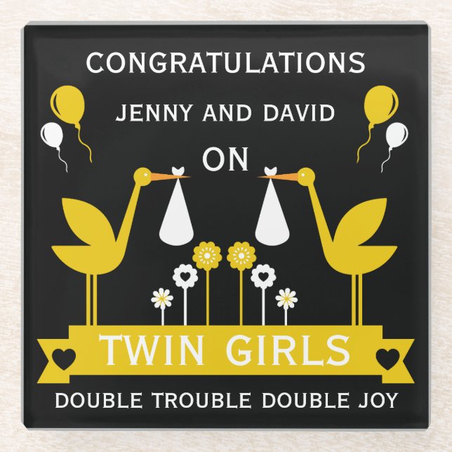 Congratulations Stalk Delivery Twins Glass Coaster (Front)