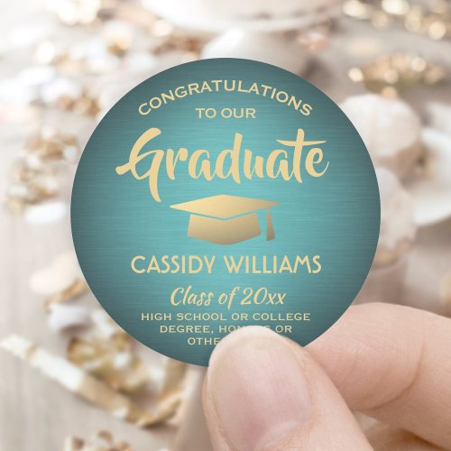 Congratulations Teal and Gold Trendy Graduation Classic Round Sticker