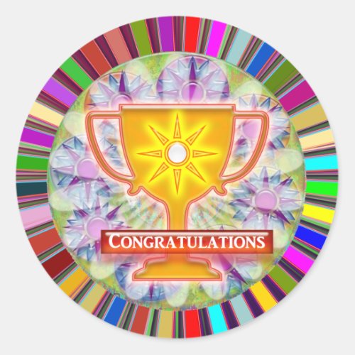 CONGRATULATIONS  Trophy and Sparkle Wheels Decor Classic Round Sticker