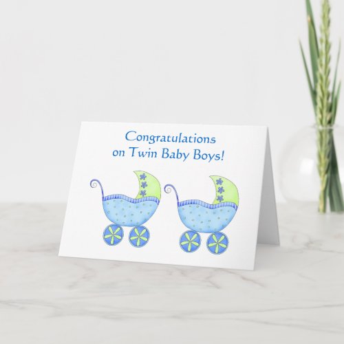 Congratulations Twin Baby Boys Blue Buggy Card