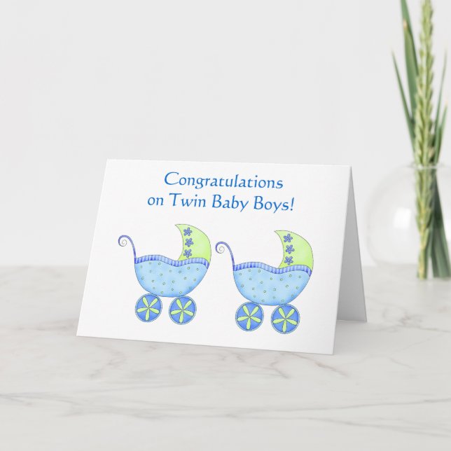 Congratulations Twin Baby Boys Blue Buggy Card (Front)