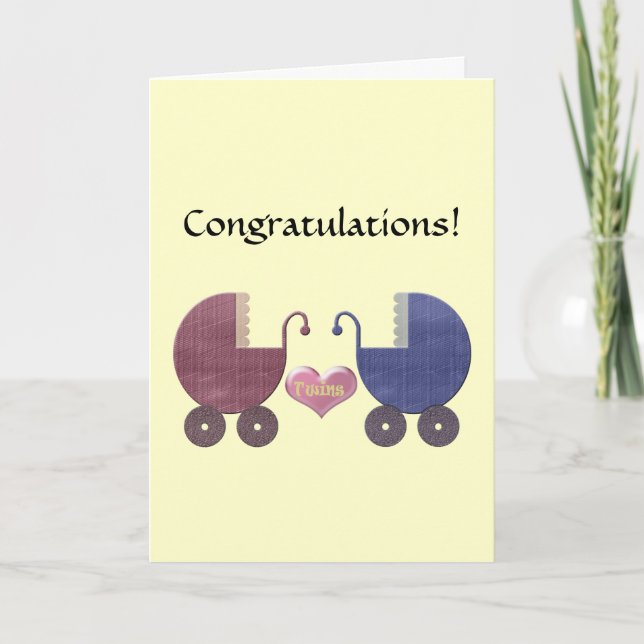 Congratulations Twins, with Blue and Red Pram Art Card (Front)