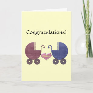 Congratulations Twins, with Blue and Red Pram Art Card
