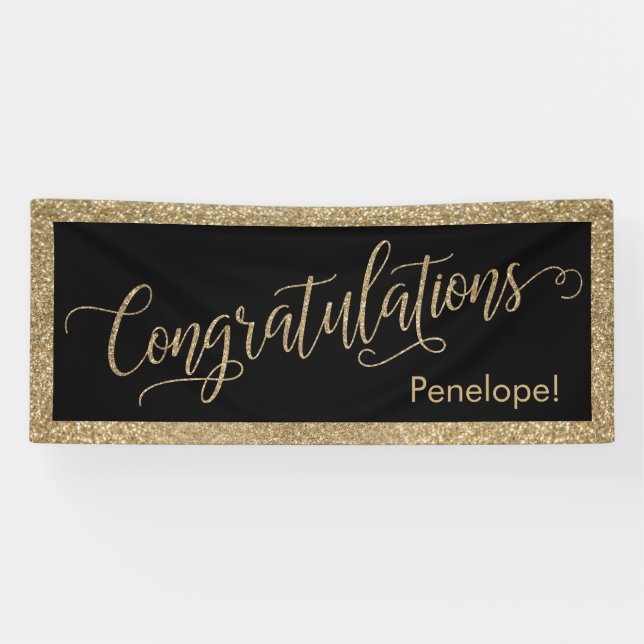 Congratulations Typography Gold Glitter and Black Banner (Horizontal)
