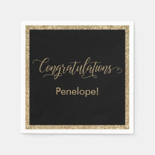 Congratulations Typography Gold Glitter and Black Napkins