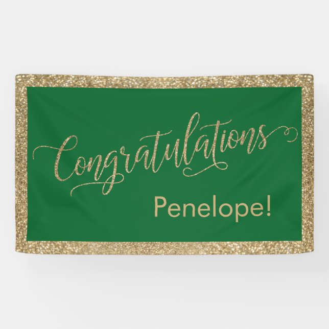 Congratulations Typography Gold Glitter and Green Banner (Horizontal)