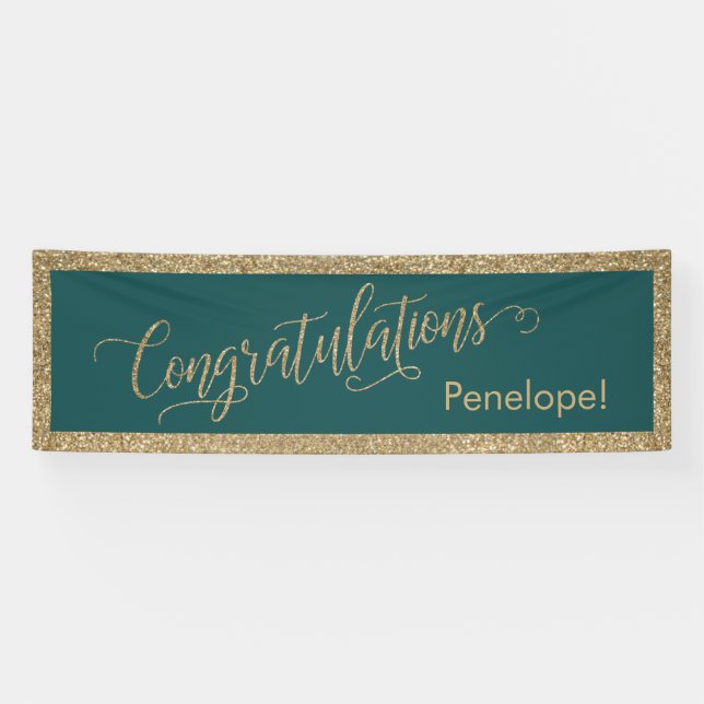 Congratulations Typography Gold Glitter and Teal Banner (Horizontal)