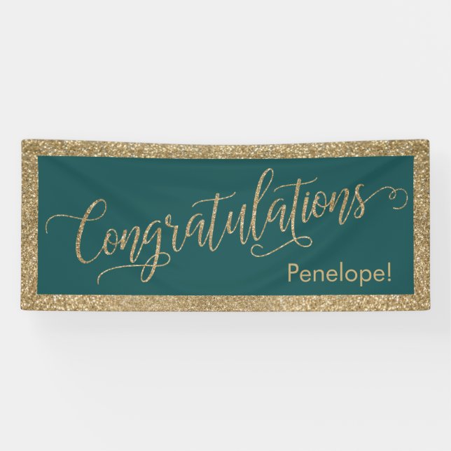 Congratulations Typography Gold Glitter and Teal Banner (Horizontal)