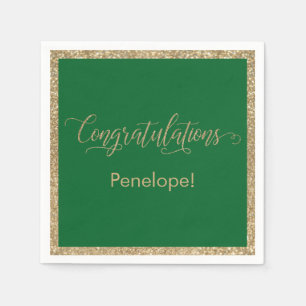 Congratulations Typography Gold Glitter Green Napkins