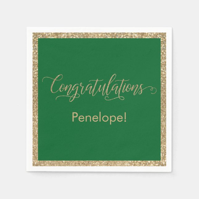 Congratulations Typography Gold Glitter Green Napkins (Front)