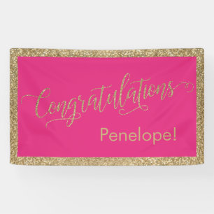 Congratulations Typography Gold Glitter Hot Pink Banner