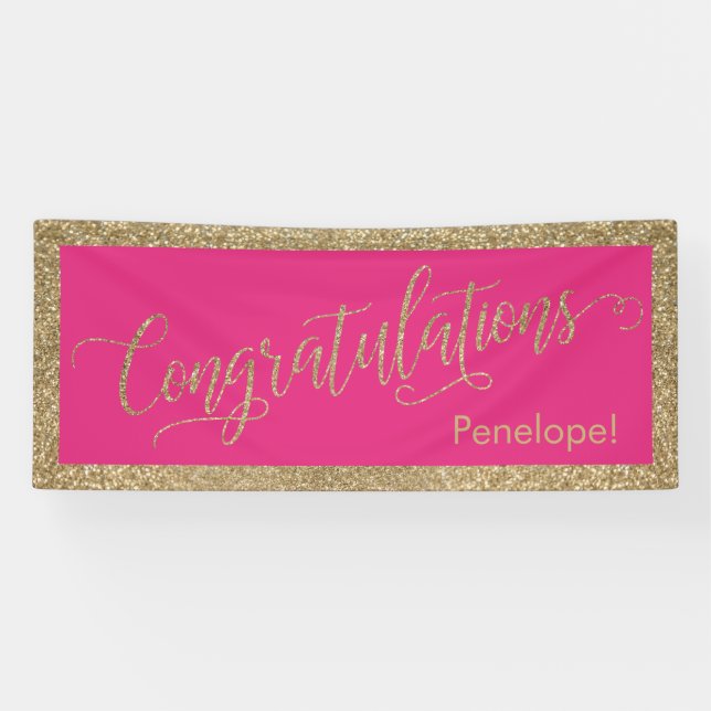 Congratulations Typography Gold Glitter Hot Pink Banner (Horizontal)