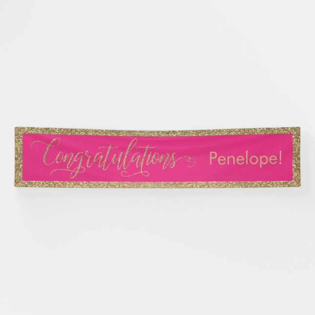 Congratulations Typography Gold Glitter Hot Pink Banner (Horizontal)