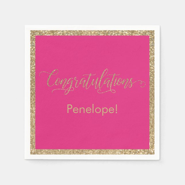Congratulations Typography Gold Glitter Hot Pink Napkins (Front)
