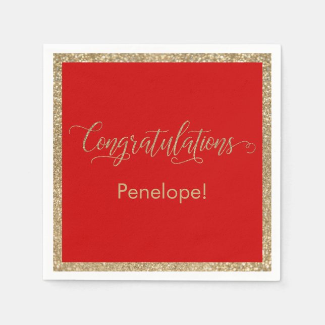 Congratulations Typography Gold Glitter on Red Napkins (Front)