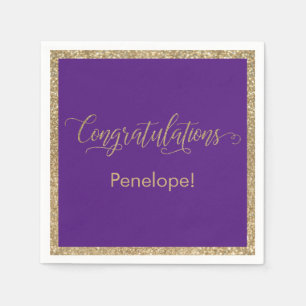Congratulations Typography Gold Glitter Purple Napkins