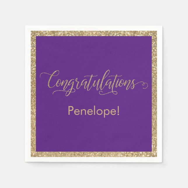 Congratulations Typography Gold Glitter Purple Napkins (Front)