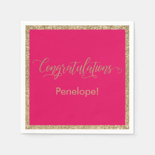 Congratulations Typography Gold Glitter Raspberry Napkins