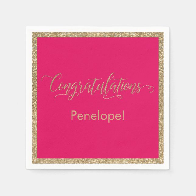 Congratulations Typography Gold Glitter Raspberry Napkins (Front)
